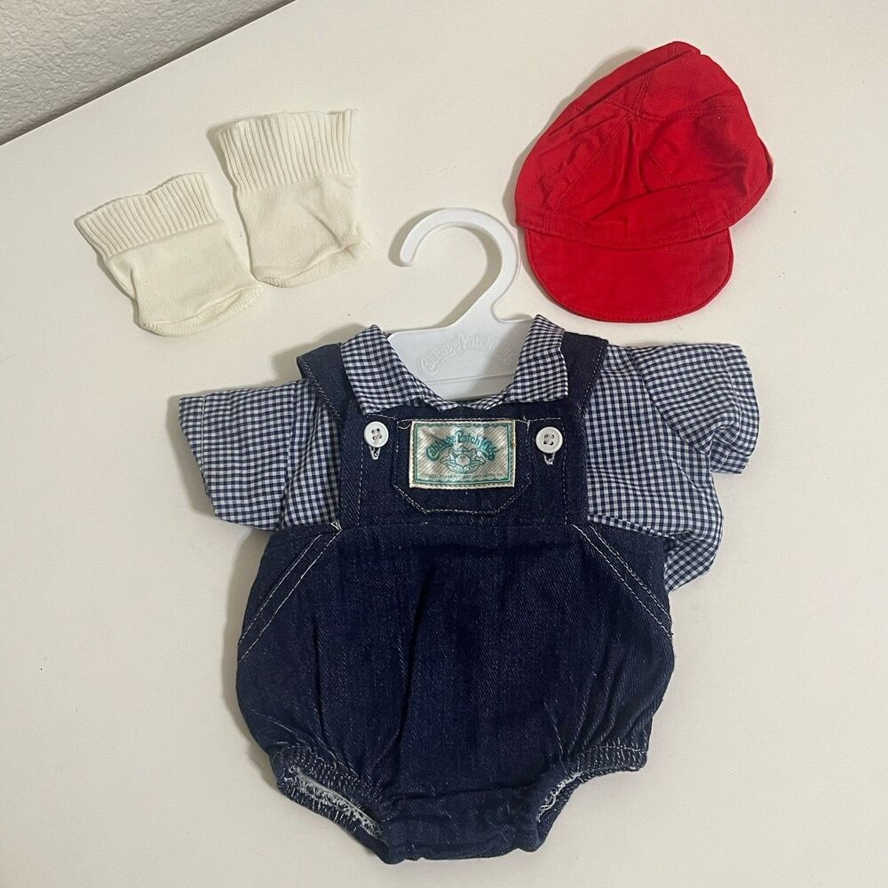Cabbage Patch Kids Denim Overalls Blue Shirt Red Hat Outfit Set PMI Coleco 1983